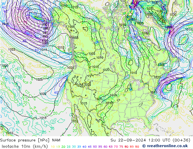 Isotachs (kph) NAM Su 22.09.2024 12 UTC