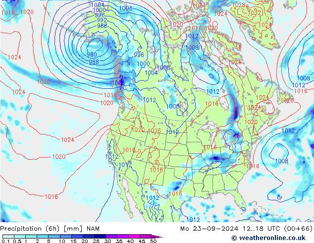 Precipitation (6h) NAM Po 23.09.2024 18 UTC