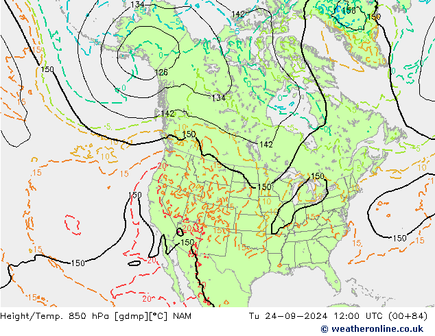 Height/Temp. 850 hPa NAM Út 24.09.2024 12 UTC