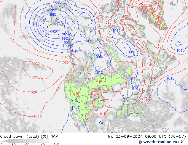 Cloud cover (total) NAM Mo 23.09.2024 09 UTC