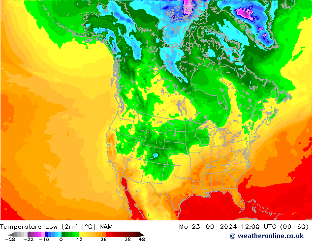 Temperature Low (2m) NAM Mo 23.09.2024 12 UTC