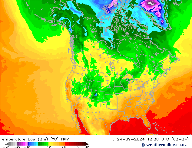 Temp. minima (2m) NAM mar 24.09.2024 12 UTC