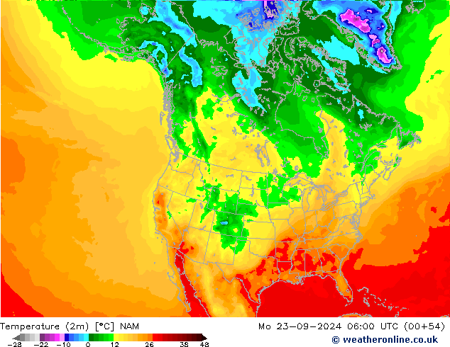 Temperature (2m) NAM Mo 23.09.2024 06 UTC