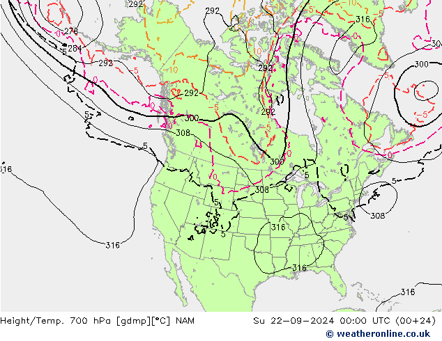 Geop./Temp. 700 hPa NAM dom 22.09.2024 00 UTC