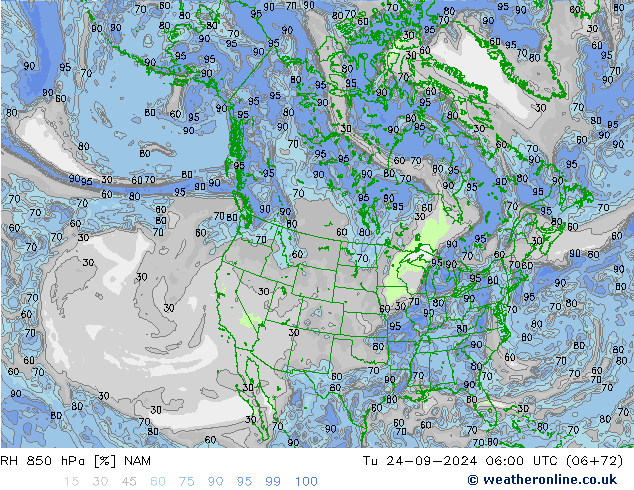 RH 850 hPa NAM 星期二 24.09.2024 06 UTC