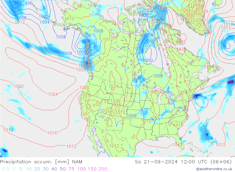 Precipitation accum. NAM 星期六 21.09.2024 12 UTC