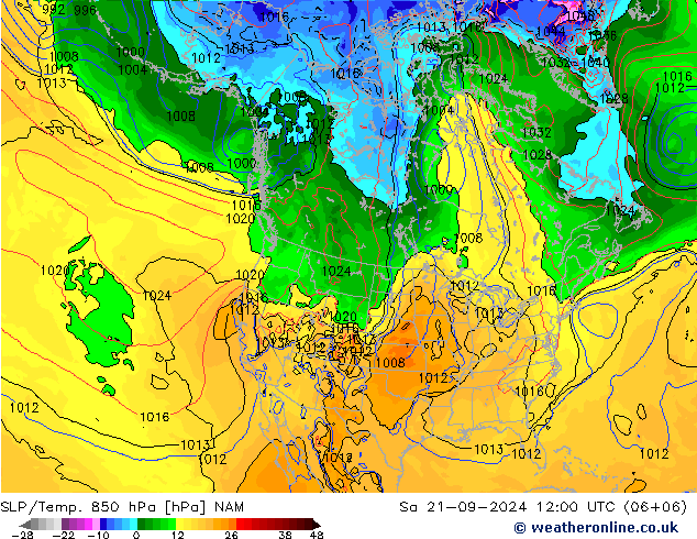 SLP/Temp. 850 hPa NAM sáb 21.09.2024 12 UTC