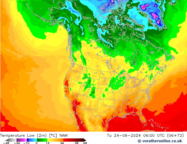 Temperature Low (2m) NAM 星期二 24.09.2024 06 UTC