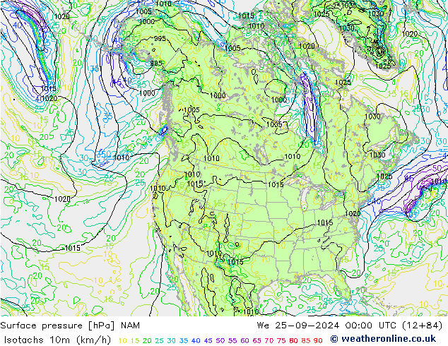 10米等风速线 (kph) NAM 星期三 25.09.2024 00 UTC