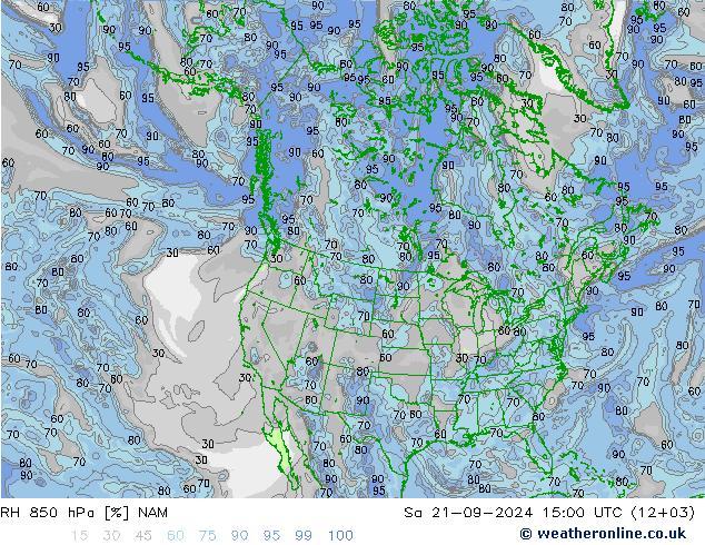 RH 850 hPa NAM 星期六 21.09.2024 15 UTC