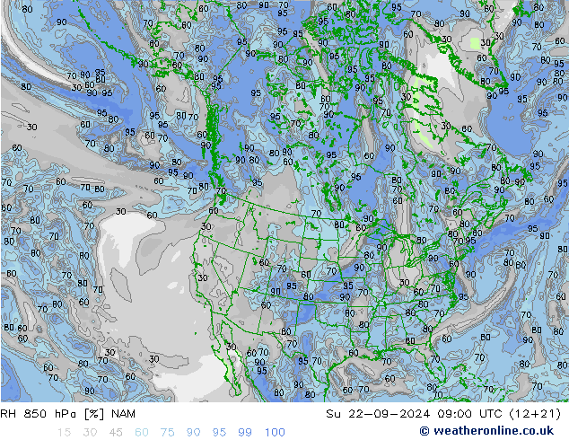 RH 850 hPa NAM So 22.09.2024 09 UTC