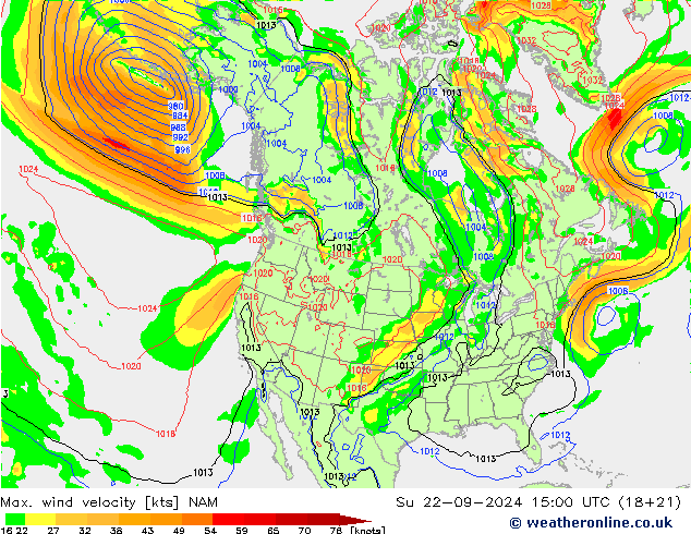 Max. wind velocity NAM 星期日 22.09.2024 15 UTC