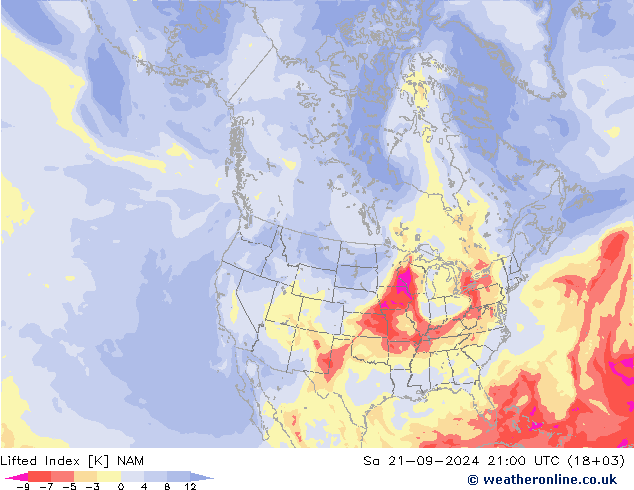 Lifted Index NAM za 21.09.2024 21 UTC