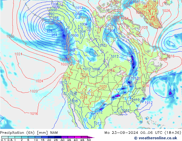 降水量 (6h) NAM 星期一 23.09.2024 06 UTC