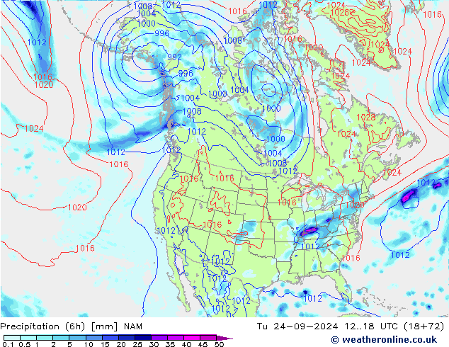 降水量 (6h) NAM 星期二 24.09.2024 18 UTC