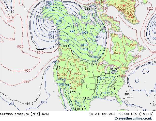 Atmosférický tlak NAM Út 24.09.2024 09 UTC