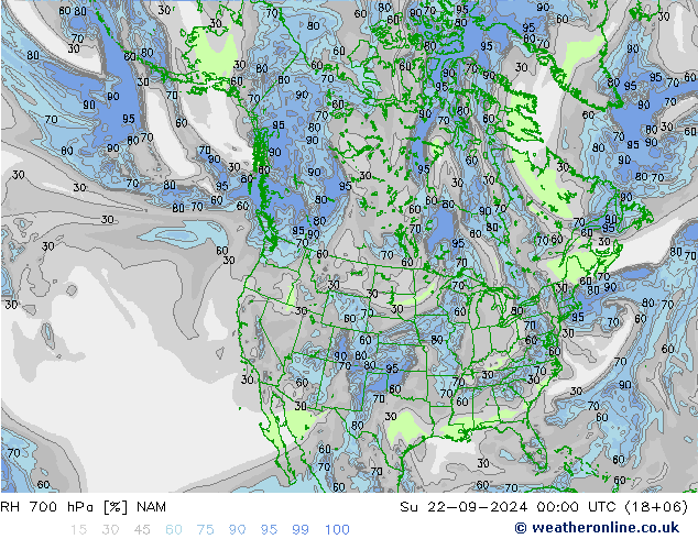 RH 700 hPa NAM 星期日 22.09.2024 00 UTC