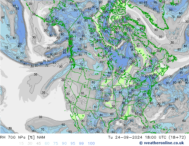 RH 700 hPa NAM 星期二 24.09.2024 18 UTC