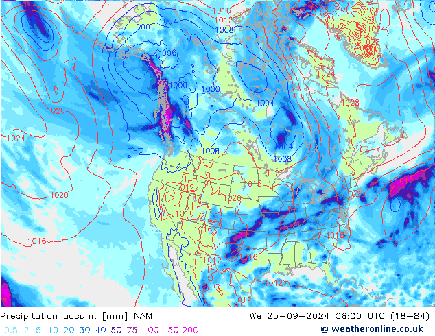 Precipitation accum. NAM 星期三 25.09.2024 06 UTC