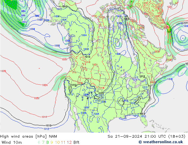 High wind areas NAM 星期六 21.09.2024 21 UTC