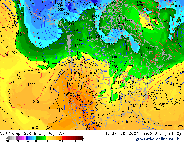 SLP/Temp. 850 hPa NAM 星期二 24.09.2024 18 UTC