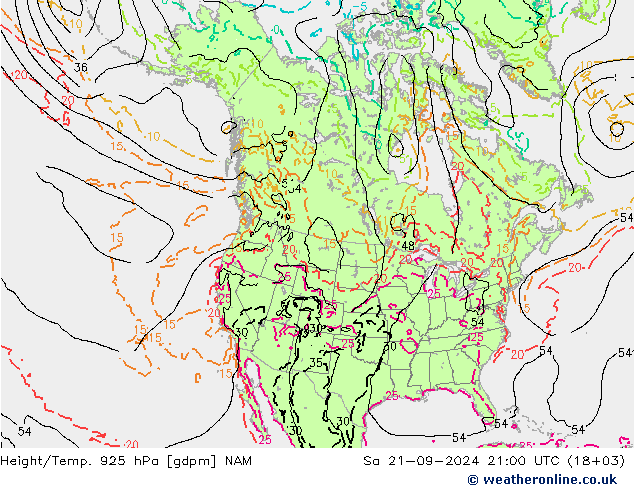 Height/Temp. 925 hPa NAM 星期六 21.09.2024 21 UTC