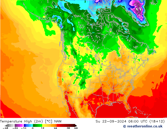 Temperature High (2m) NAM 星期日 22.09.2024 06 UTC