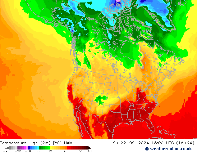 Temperature High (2m) NAM 星期日 22.09.2024 18 UTC