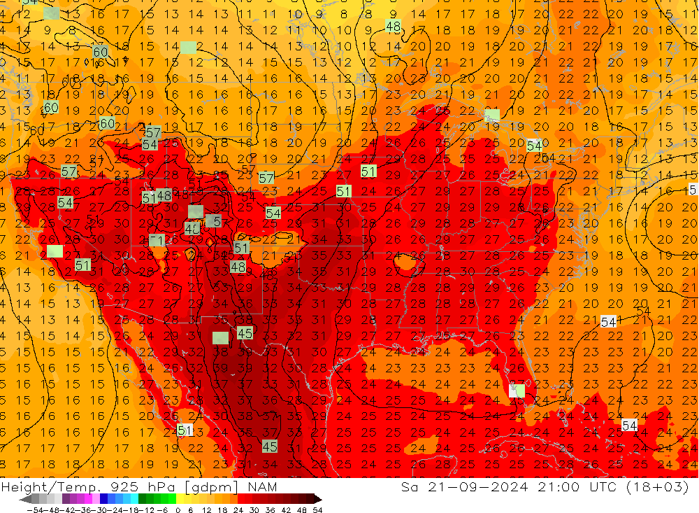 Height/Temp. 925 hPa NAM Sa 21.09.2024 21 UTC