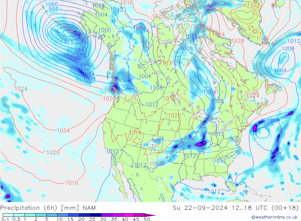 Totale neerslag (6h) NAM zo 22.09.2024 18 UTC