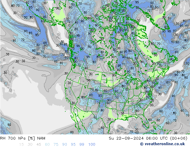 RH 700 hPa NAM 星期日 22.09.2024 06 UTC