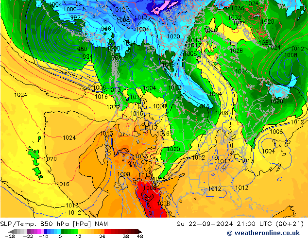 SLP/Temp. 850 hPa NAM 星期日 22.09.2024 21 UTC