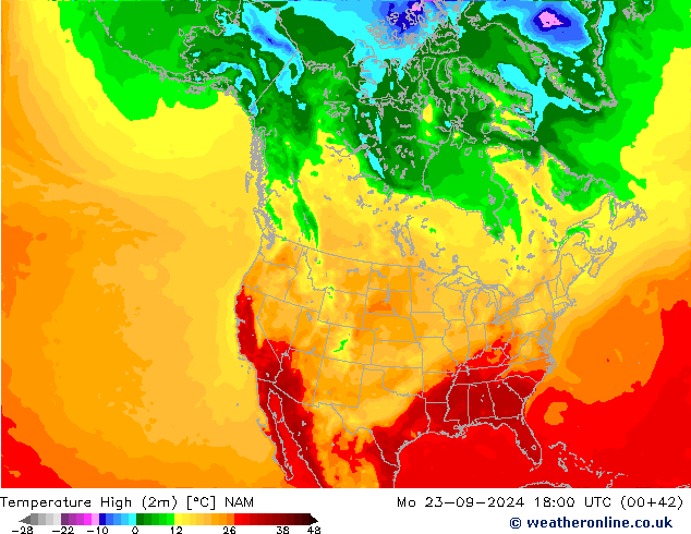 Temperature High (2m) NAM Mo 23.09.2024 18 UTC