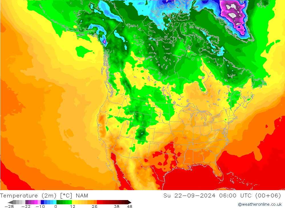 Temperaturkarte (2m) NAM So 22.09.2024 06 UTC