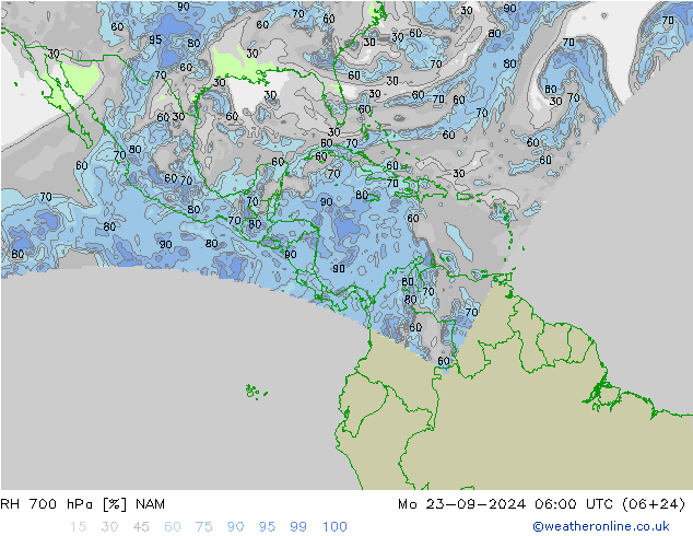 RH 700 hPa NAM Mo 23.09.2024 06 UTC