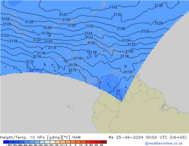 Height/Temp. 10 hPa NAM Mi 25.09.2024 00 UTC