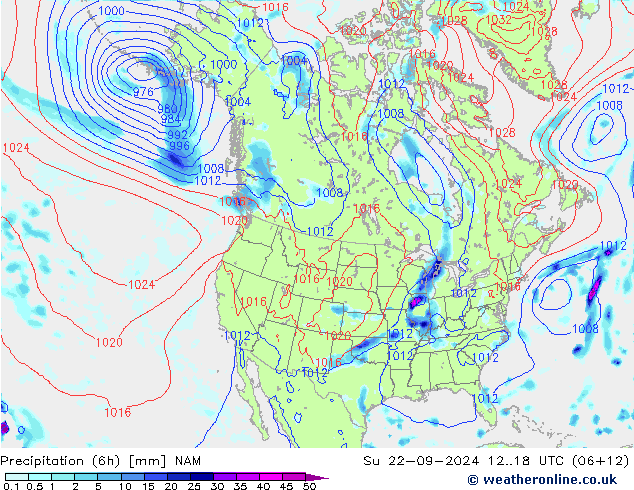 降水量 (6h) NAM 星期日 22.09.2024 18 UTC