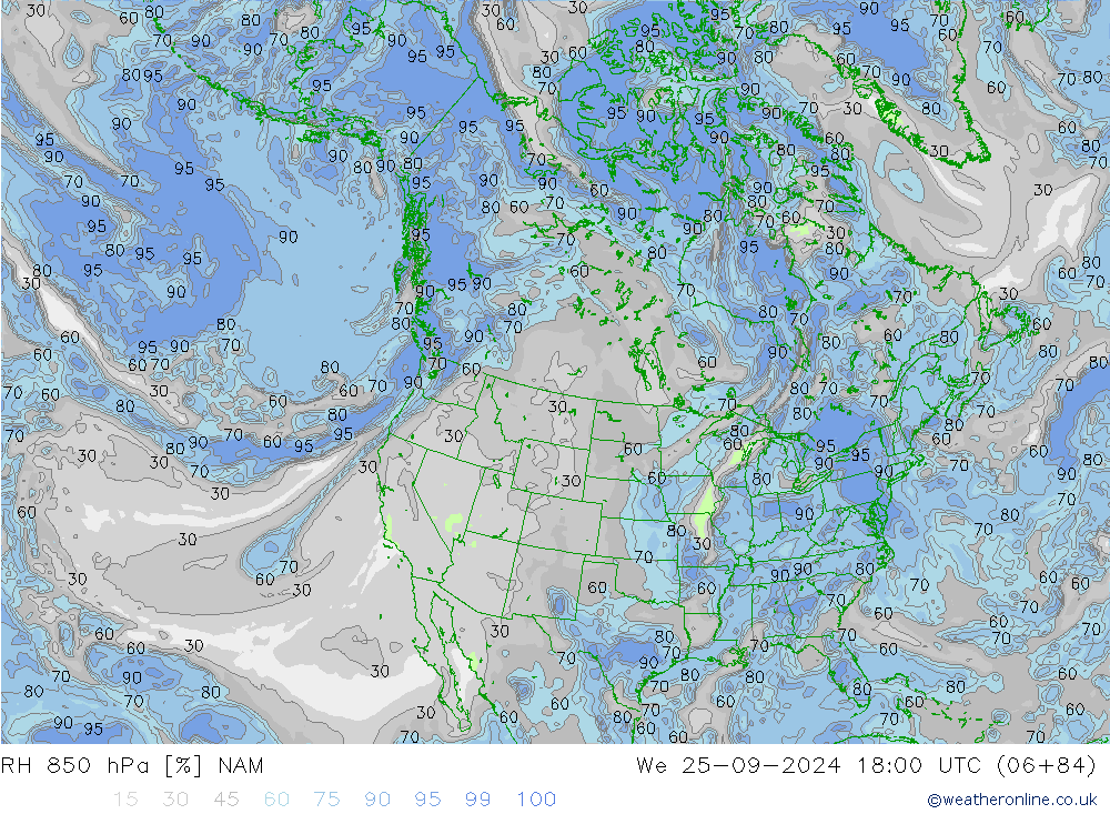 RH 850 hPa NAM Mi 25.09.2024 18 UTC