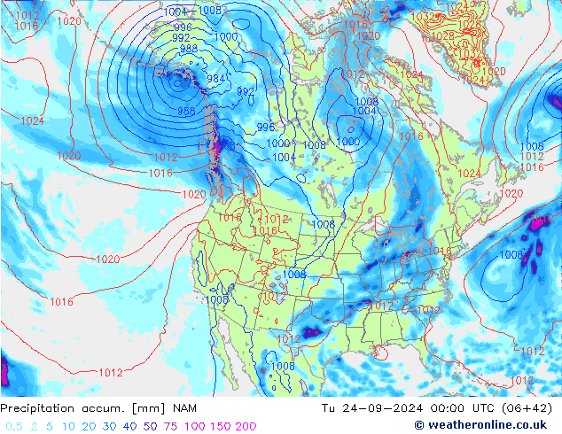 Precipitation accum. NAM Út 24.09.2024 00 UTC