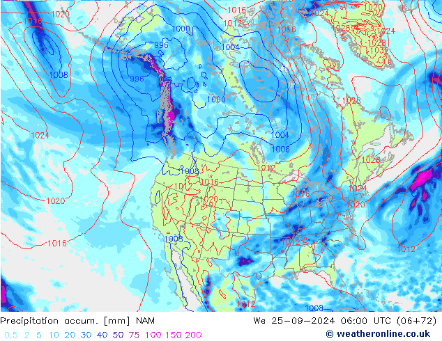 Totale neerslag NAM wo 25.09.2024 06 UTC