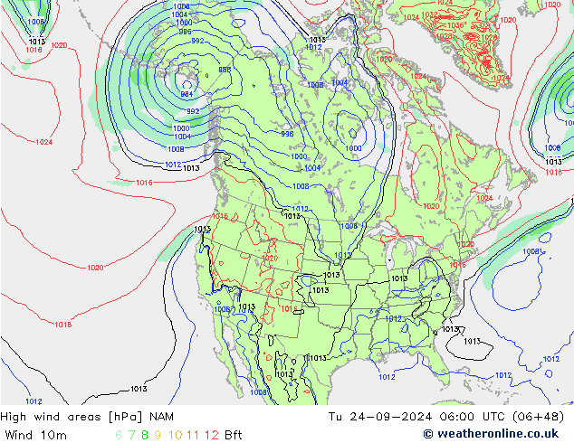 High wind areas NAM 星期二 24.09.2024 06 UTC