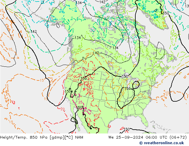 Hoogte/Temp. 850 hPa NAM wo 25.09.2024 06 UTC