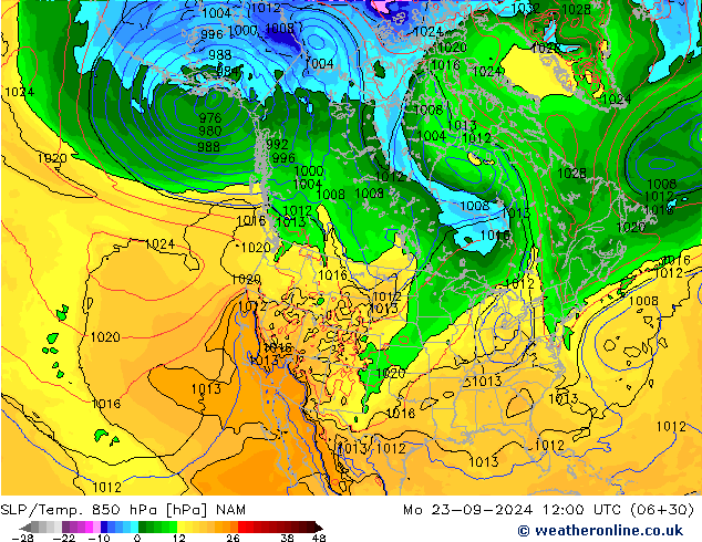 SLP/Temp. 850 hPa NAM ma 23.09.2024 12 UTC