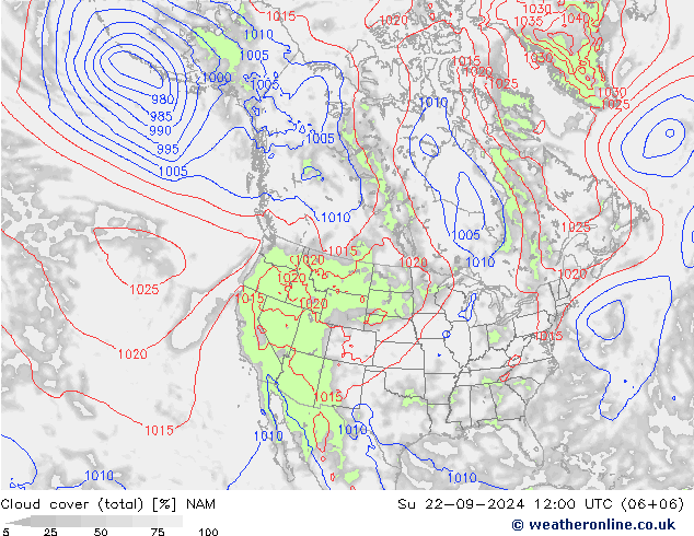 Cloud cover (total) NAM Su 22.09.2024 12 UTC