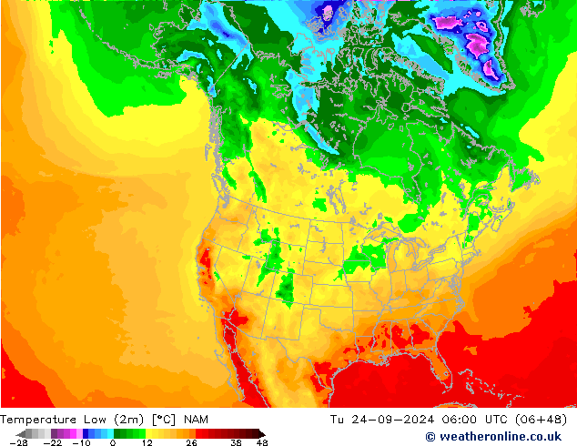 Temperature Low (2m) NAM 星期二 24.09.2024 06 UTC