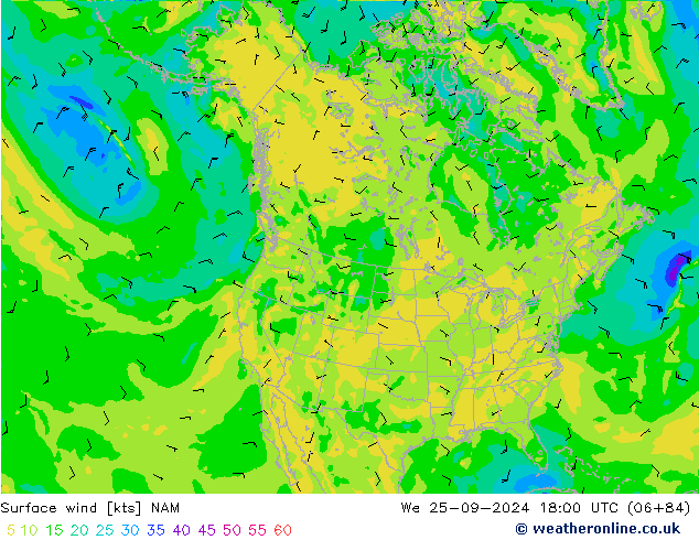 Vento 10 m NAM Qua 25.09.2024 18 UTC