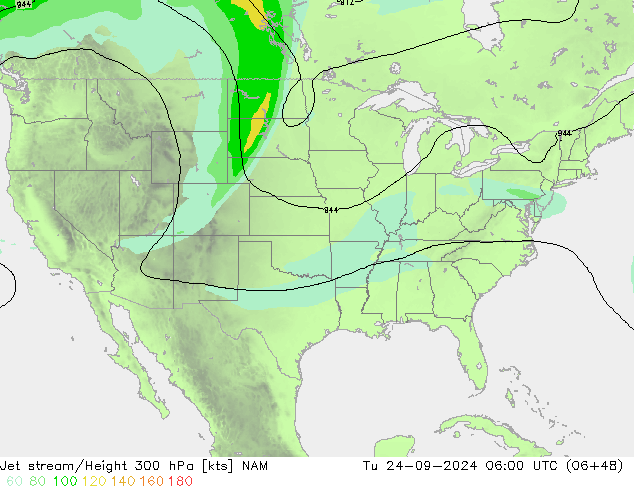 Jet stream/Height 300 hPa NAM Út 24.09.2024 06 UTC