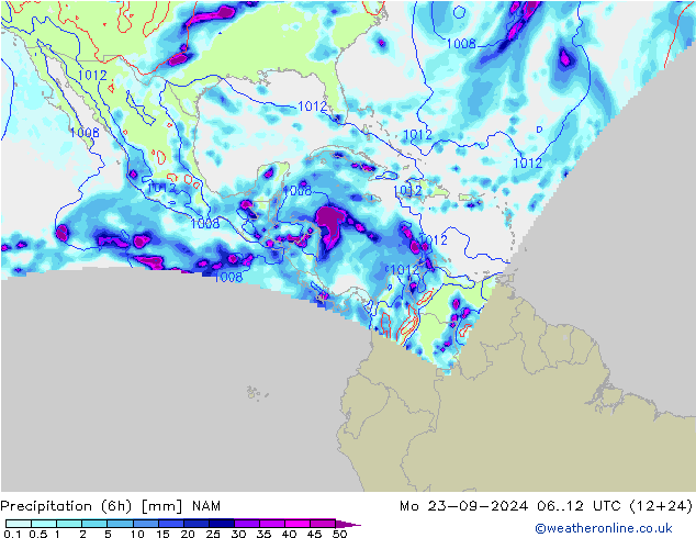 Precipitation (6h) NAM Mo 23.09.2024 12 UTC