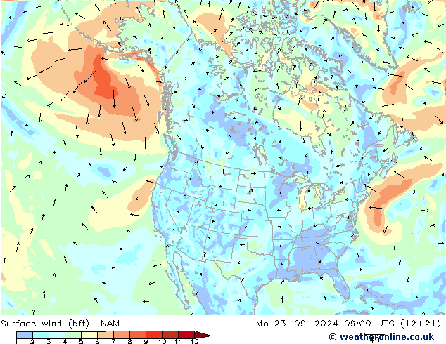 Surface wind (bft) NAM Mo 23.09.2024 09 UTC