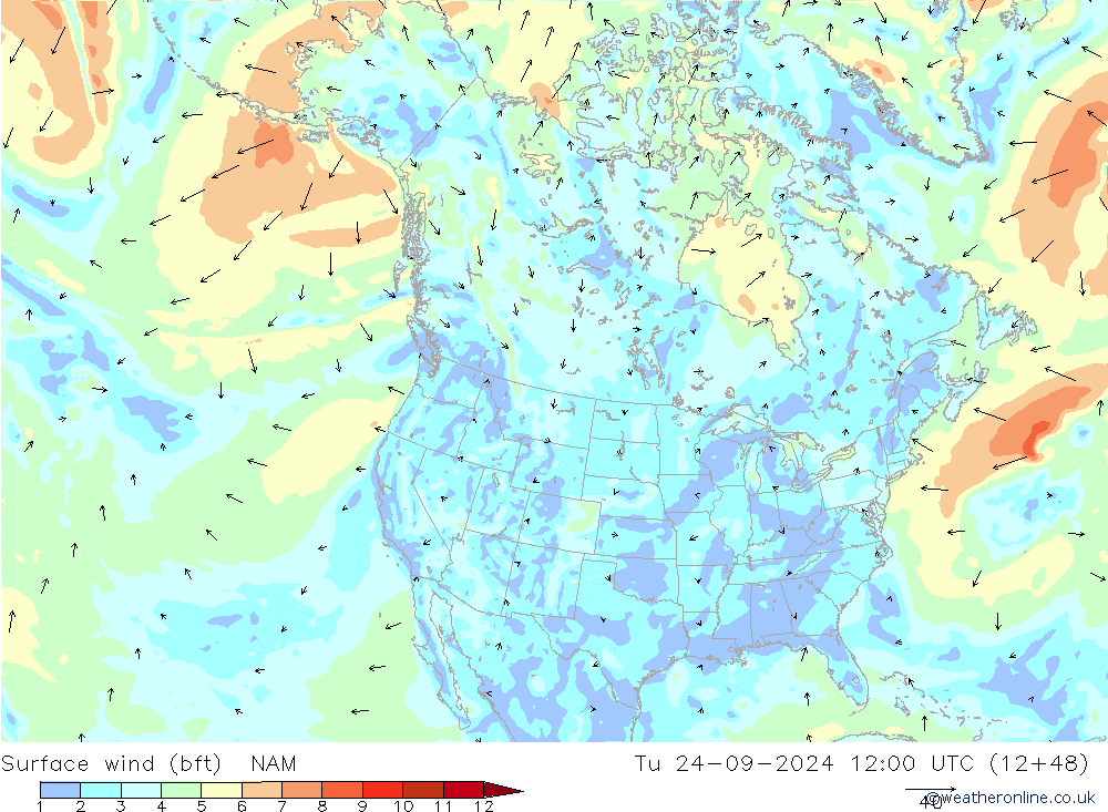 Vento 10 m (bft) NAM Ter 24.09.2024 12 UTC